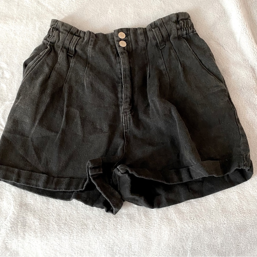 Aaron & Amber high waisted black denim paper bag shorts